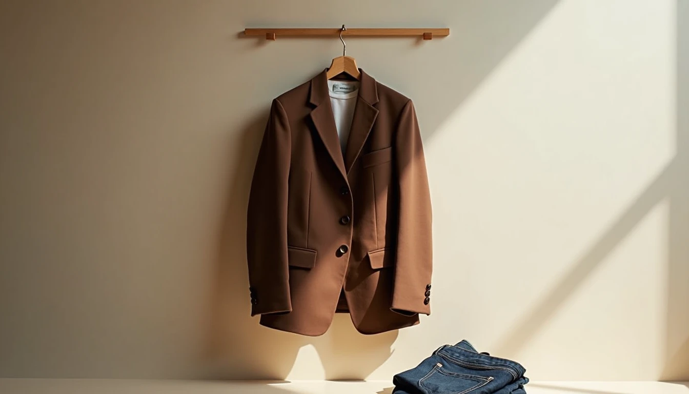 Brown wool blazer hanging on wooden hanger after tailoring