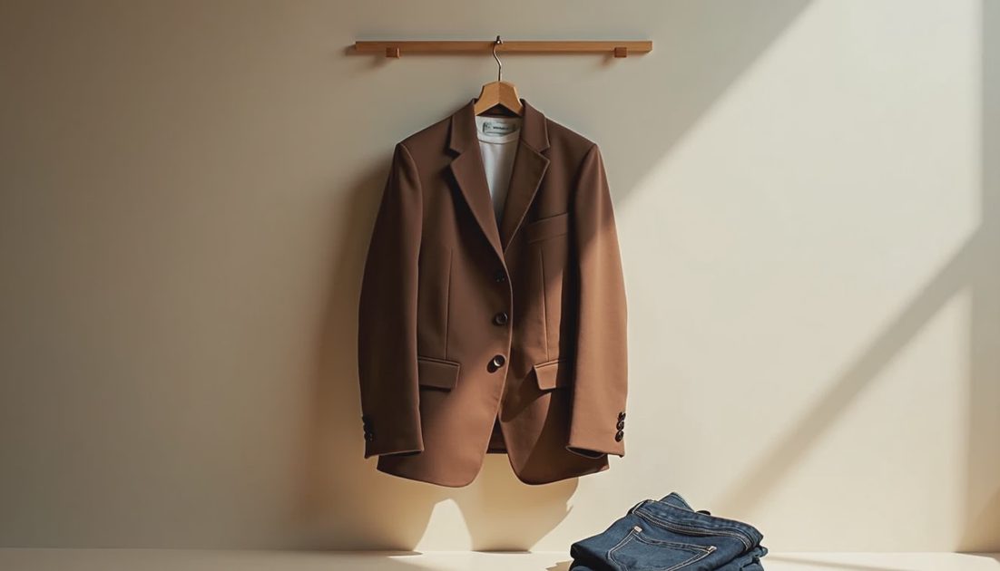 Brown wool blazer hanging on wooden hanger after tailoring