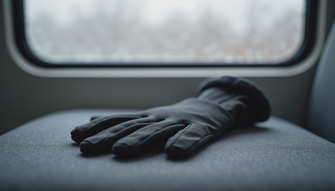 Worn black glove with small hole near thumb