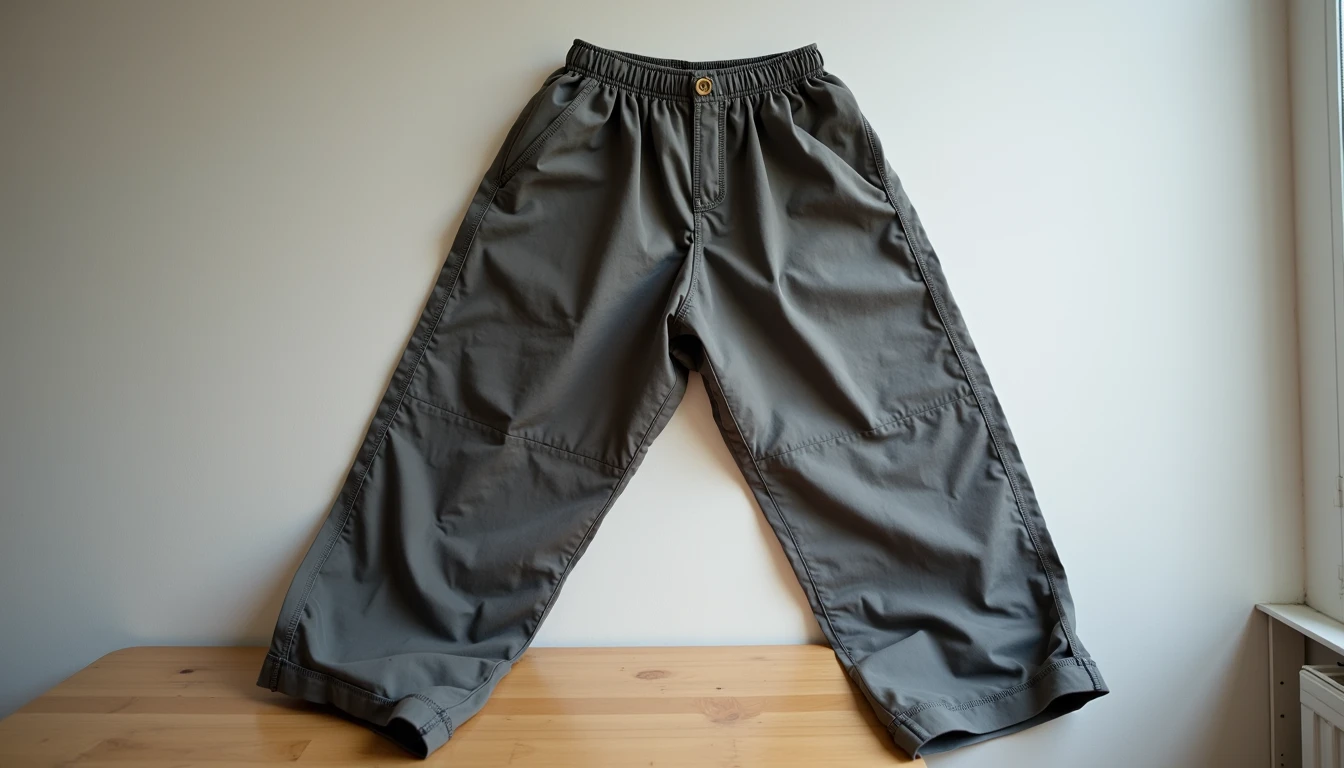 Worn gray pants with uneven hem and loose button