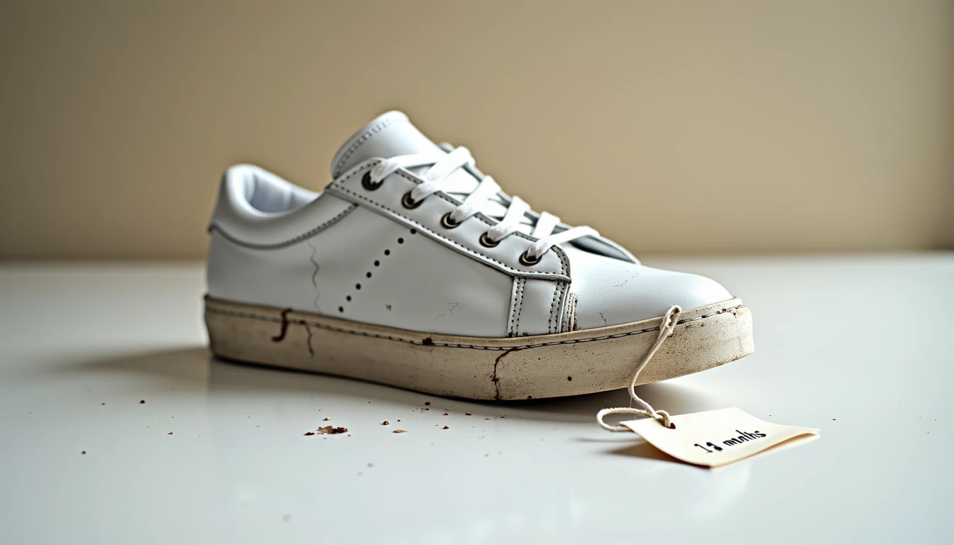 Cracked white leather sneaker with worn smooth sole