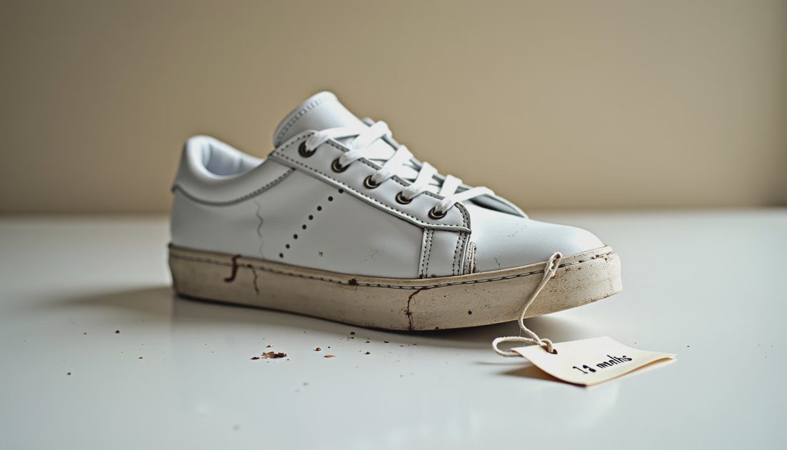 Cracked white leather sneaker with worn smooth sole