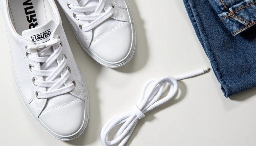 An overhead, flat lay photograph showing a clean pair of white leather sneakers laced with white VSUDO flat laces on a light surface. Next to the sneakers is a neatly coiled, unused pair of white flat shoelaces, alongside a folded pair of blue denim jeans on the right.
